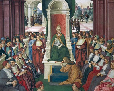 Italië, Siena, Kathedraal, Piccolomini Bibliotheek, Enea Silvio Piccolomini in daad van onderwerping aan Paus Eugenius IV, detail uit Verhalen van Pius II door Bernardino di Betto Pinturicchio