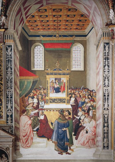 Enea Silvio Piccolomini ontvangt kardinaalshoed van Calixtus III (detail) door Bernardino di Betto Pinturicchio
