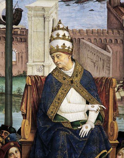 Italië, Siena, Kathedraal, Piccolomini Bibliotheek, Pius II aankomend in Ancona om kruistocht te bespoedigen, detail uit Verhalen van Pius II door Bernardino di Betto Pinturicchio