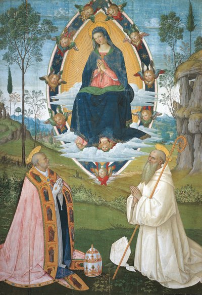 Madonna met Gregorius de Grote en Sint Benedictus door Bernardino di Betto Pinturicchio