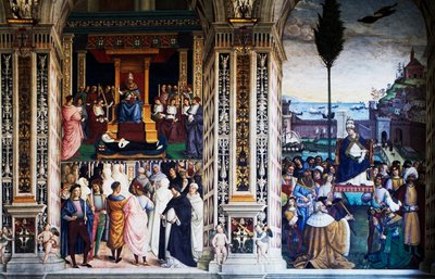 Pius II arriveert in Ancona om een kruistocht te beginnen, fresco door Bernardino di Betto Pinturicchio