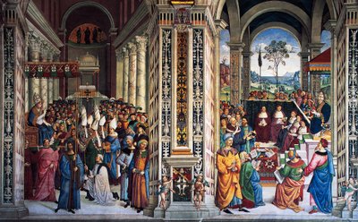 Pius II arriveert in Ancona om een kruistocht te beginnen (16e eeuw), fresco door Pinturicchio (1452-1513), Piccolomini-bibliotheek, Kathedraal van Siena, Toscane, Italië door Bernardino di Betto Pinturicchio