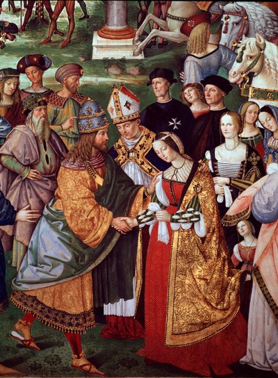 Dichter Enee Silvio Piccolomini presenteert Eleonore van Portugal aan Keizer Frederik III van het Heilige Roomse Rijk bij de Camollia-poort. Detail van het leven van paus Pius II door Bernardino di Betto Pinturicchio