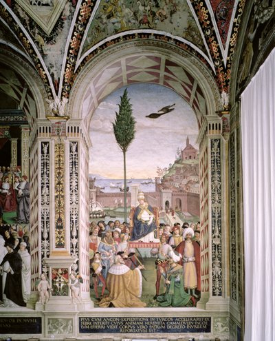 Paus Pius II (1405-64), in Ancona, zegent de vloot die op 15 augustus 1464 naar het Heilige Land vertrekt door Bernardino di Betto Pinturicchio