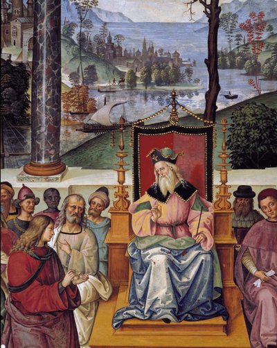 Paus Pius II ontmoet koning Jacobus I van Schotland (detail) door Bernardino di Betto Pinturicchio