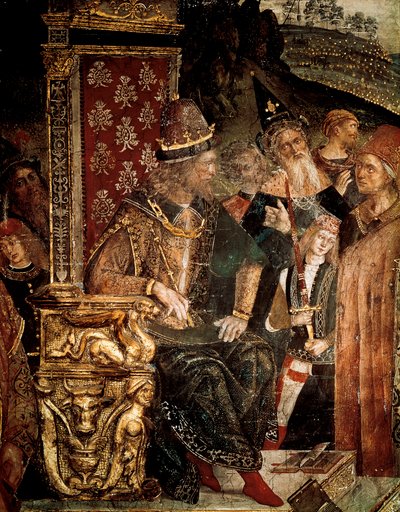De twist van Sint-Catharina van Alexandrië met filosofen voor de Romeinse keizer Maximianus Hercules (detail) door Bernardino di Betto Pinturicchio