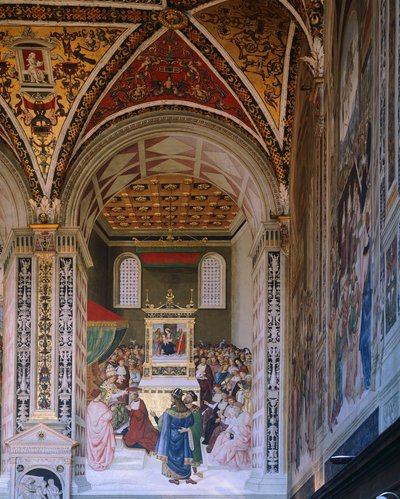 Verhalen van Pius II: Piccolomini verkozen tot kardinaal, Piccolomini-bibliotheek, kathedraal van Siena door Bernardino di Betto Pinturicchio