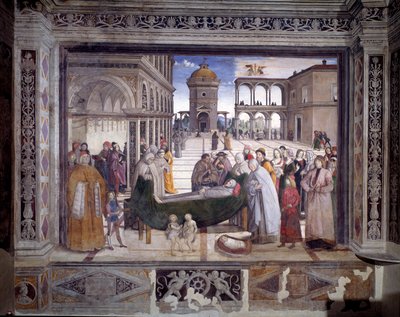 Verhaal van Sint Bernardin, de dood van de heilige door Bernardino di Betto Pinturicchio
