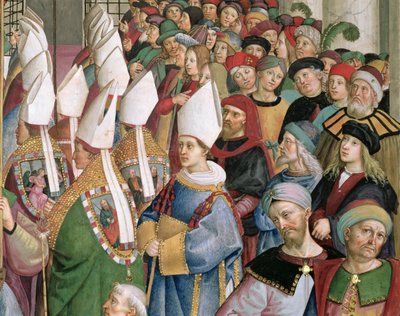 De kardinalen die door de menigte van seculiere toeschouwers trekken, detail door Bernardino di Betto Pinturicchio