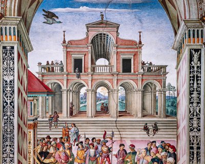 De Piccolomini-bibliotheek, noordoostmuur: Aeneas Sylvius wordt door keizer Frederik III tot dichterlaureaat gekroond, 27 juli door Bernardino di Betto Pinturicchio