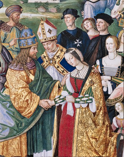 Piccolomini Bibliotheek, zuidoostelijke muur: Aeneas Sylvius introduceert Eleonora van Aragona aan Frederik III, 24 februari door Bernardino di Betto Pinturicchio