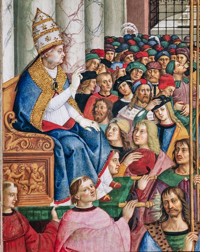 De Piccolomini Bibliotheek, zuidwestmuur: "Aeneas Sylvius, verkozen tot paus met de naam Pius II, betreedt St. Pieter, 3 september" door Bernardino di Betto Pinturicchio