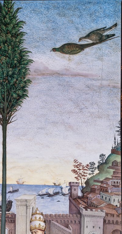 De Piccolomini Bibliotheek, zuidwestmuur: "Pius II zegent de vloot die op het punt staat te vertrekken uit Ancona naar het Heilige Land" door Bernardino di Betto Pinturicchio