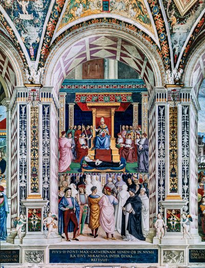 De Piccolomini Bibliotheek, zuidwestmuur: "Pius II canoniseert St. Catharina van Siena, 29 juni" door Bernardino di Betto Pinturicchio