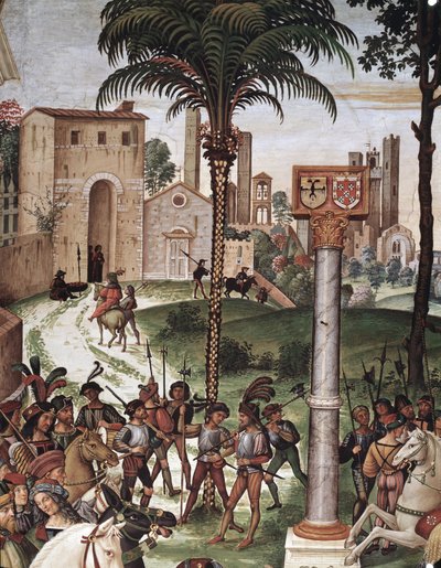 De bisschop Enee Silvio Piccolomini (Pius II) presenteert Eleonora van Aragon aan keizer Frederik III van het Heilige Roomse Rijk (detail) door Bernardino di Betto Pinturicchio