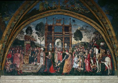 Het geschil van Sint Catharina van Alexandrië met de filosoof, voor de Romeinse keizer Maxentius door Bernardino di Betto Pinturicchio