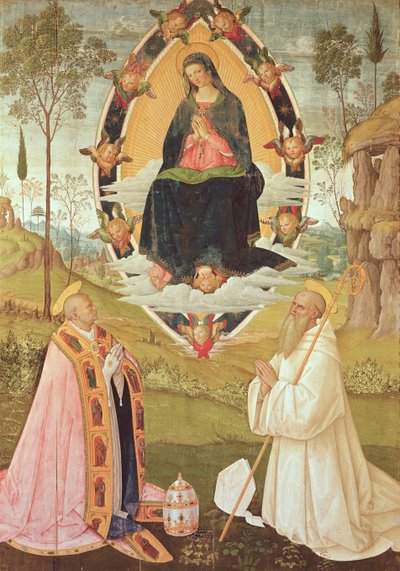 Maagd in Glorie met St. Gregorius en St. Benedictus door Bernardino di Betto Pinturicchio