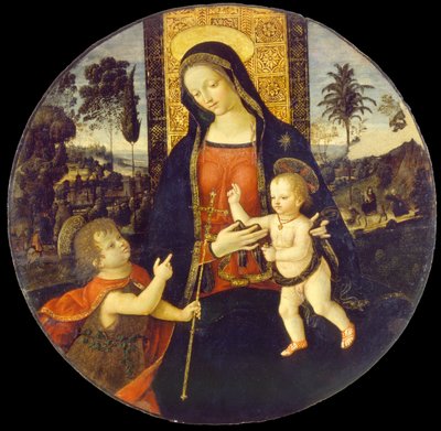 De Maagd en het Kind met de jonge Sint Johannes de Doper door Bernardino di Betto called Il Pinturicchio and workshop