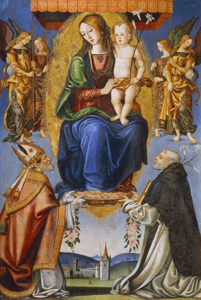 Madonna en Kind met St. Severino en Dominic door Bernardino di Mariotto