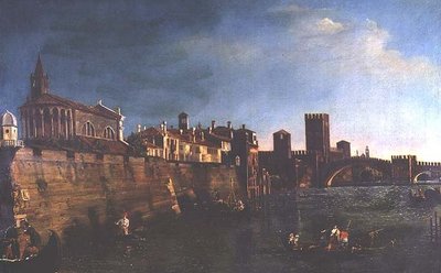 Uitzicht op Verona met het Castello Vecchio en de Ponte Vecchio door Bernardo (manner of) Bellotto