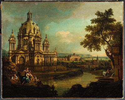 Een capriccio met een koepelkerk en gebouwen in Pirna door Bernardo Bellotto