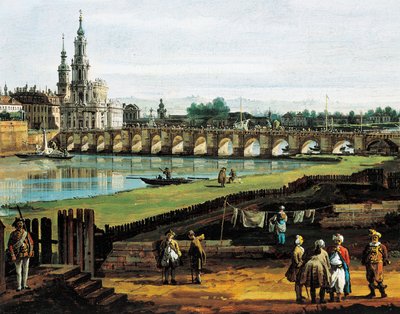 Dresden vanaf de rechteroever van de Elbe stroomopwaarts vanaf de brug van Augustus, circa 1750, door Bernardo Bellotto, bekend als Canaletto (1721-1780), olieverf op doek, 50x84 cm, Detail door Bernardo Bellotto