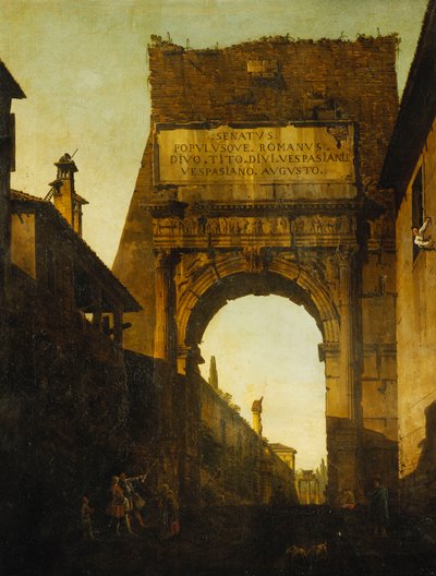 De boog van Titus, Rome, met de muur en poort van de Farnese-tuinen en de tempel van Castor en Pollux daarachter, twee toeristen op de voorgrond door Bernardo Bellotto