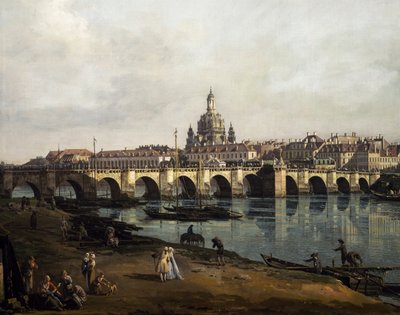 Uitzicht op Dresden vanaf de rechteroever van de Elbe stroomopwaarts vanaf de Augustusbrug, ca. 1750 door Bernardo Bellotto