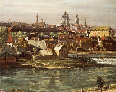 Uitzicht op München vanuit Haidhausen met de rivier de Isar in het midden (detail) door Bernardo Bellotto
