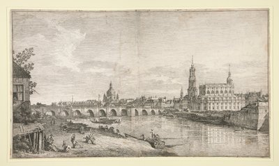 Zicht op de brug in Dresden over de Elbe door Bernardo Bellotto