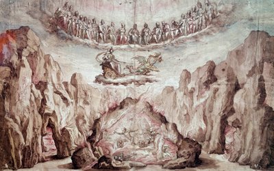 Project voor het decor en de machines van een intermezzo, Le Tromphe de Circe. Tekening door Bernardo Buontalenti, ook bekend als delle Girandole (ca. 1523-1608) door Bernardo Buontalenti