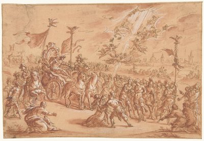 Een heilige bisschop knielt terzijde van de stoet van een Romeinse Imperator door Bernardo Castello (attributed to)