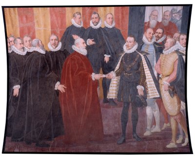 Ontmoeting van de Genuese doge Giacomo Durazzo Grimaldi en Johannes van Oostenrijk door Bernardo Castello