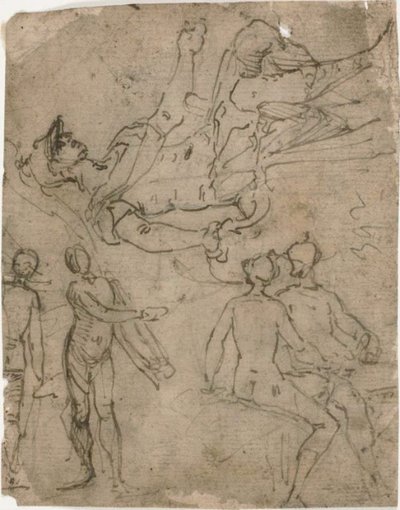 Schetsen van zittende krijger, verschillende figuren door Bernardo Castello