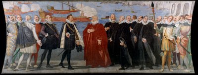De doge Giacomo Durazzo Grimaldi ontvangt Juan van Oostenrijk in de haven van Genua door Bernardo Castello