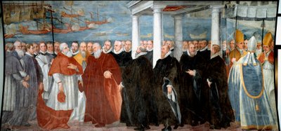 De Doge van Genua Giacomo Durazzo Grimaldi verwelkomt kardinaal Giovanni Morone in de haven van Genua Fresco door Bernardo Castello (16e eeuw) Genua, Museo di Sant 