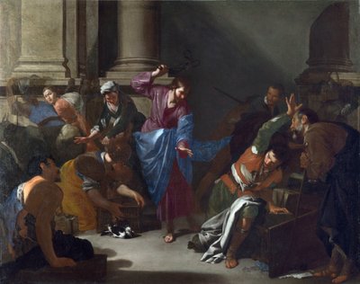 Christus die de handelaars uit de tempel verdrijft door Bernardo Cavallino