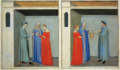 Predella met verhalen van Sacra Cintola: huwelijk van Michael ontvangt bruidsschat van Sacra Cintola door Bernardo Daddi