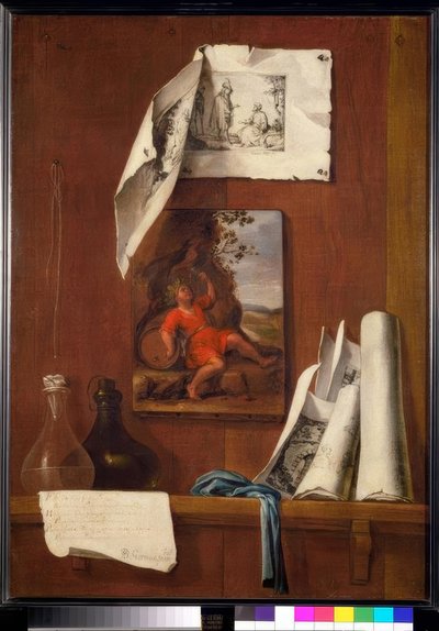 Stilleven als trompe-l’oeil: De wijn. Allegorie op de smaakzin door Bernardo Germán y Llórente