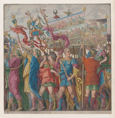 Blad 1: Soldaten die banieren dragen met daarop Julius Caesar