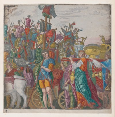 Blad 3: Oorlogstrofeeën, uit De Triomf van Julius Caesar door Bernardo Malpizzi