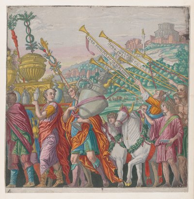 Mannen die trofeeën dragen links, trompetters rechts, uit De Triomf van Julius Caesar door Bernardo Malpizzi