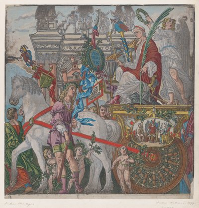 Blad 9: Julius Caesar in zijn door paarden getrokken wagen, uit De Triomf van Julius Caesar, 1599 door Bernardo Malpizzi