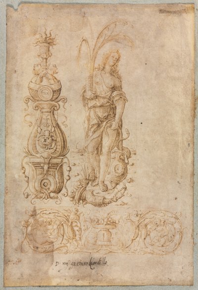 Ontwerp voor een Kandelaar, Allegorische Figuur van Overvloed, Ornamentaal Reliëf Ontwerp door Bernardo Parentino