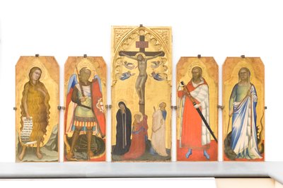 Kruisiging met rouwenden en Maria Magdalena aan de voet van het kruis door Bernardo & Simone Puccio di (fl.1345 65) Daddi