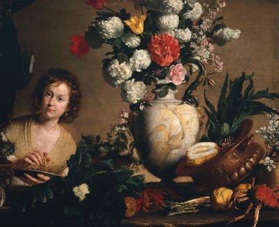 Een stilleven van bloemen, fruit, groenten en zeevruchten op een richel met een figuur die een bord kersen vasthoudt door Bernardo Strozzi