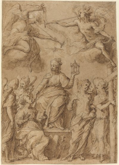 Ecclesia omringd door engelen met de instrumenten van de passie door Bernardo Strozzi