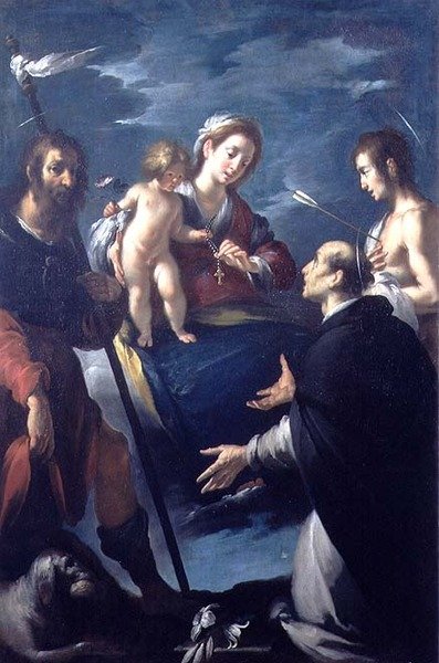 Madonna van de Rozenkrans met St. Rochus, St. Dominicus en St. Sebastiaan door Bernardo Strozzi