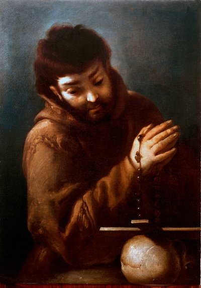Afbeelding van Sint-Franciscus van Assisi die het kruis aanbidt door Bernardo Strozzi