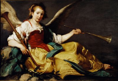 De allegorie van Roem. Ze houdt een trompet (linkerhand) en een houten chalemie (rechterhand) door Bernardo Strozzi
